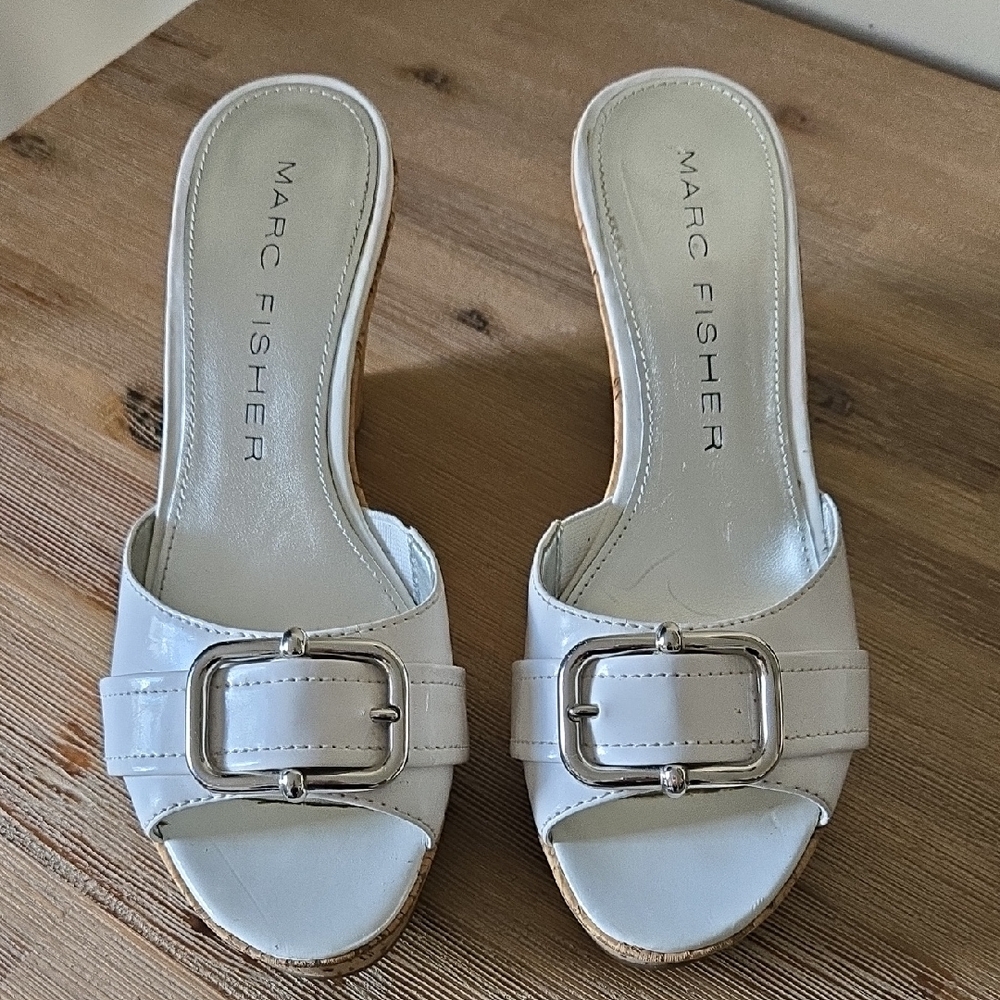Marc Fisher White Mules with Chic Buckle